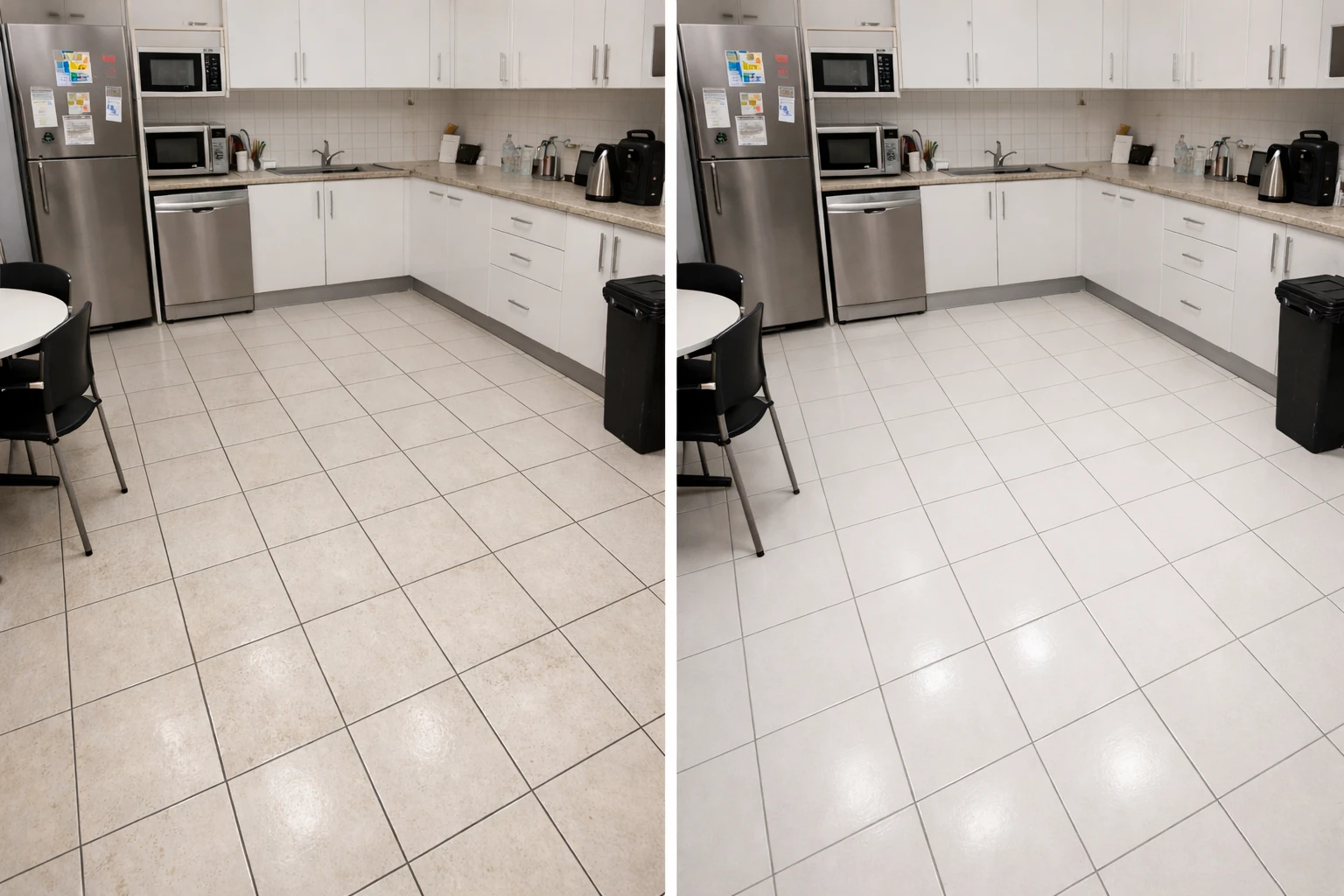 Commercial staff kitchen floor before and after cleaning