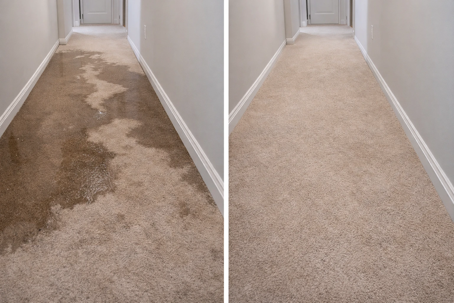 Flooded hallway carpet before and after