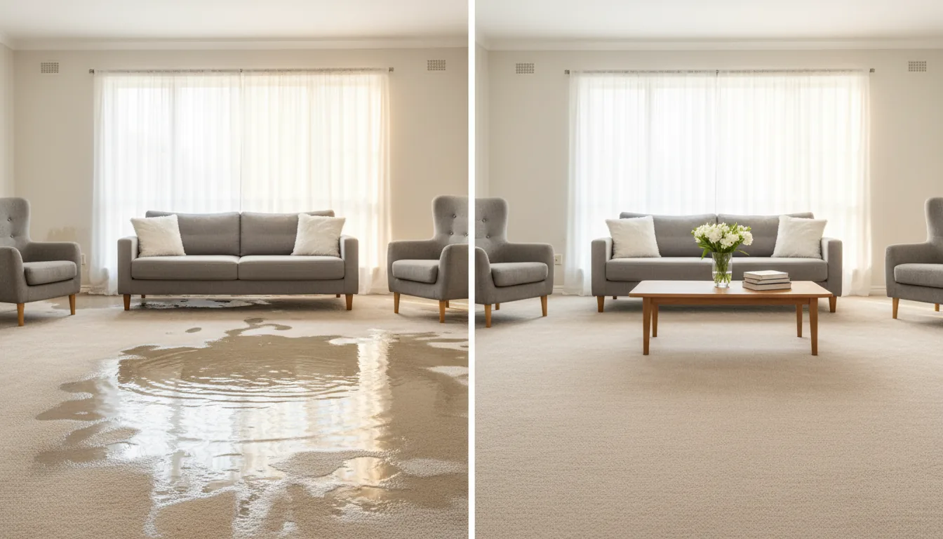 Flooded lounge carpet before and after