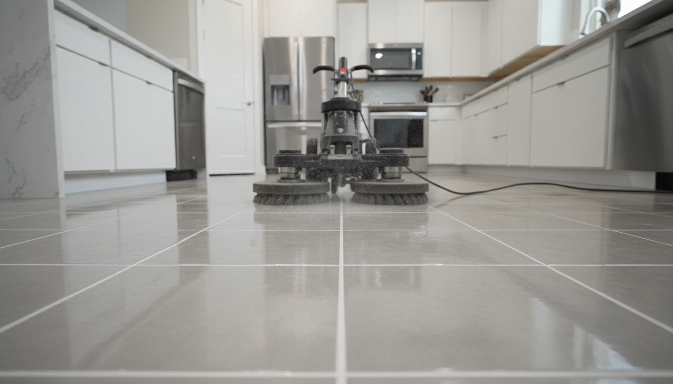 Open plan living with clean tiles