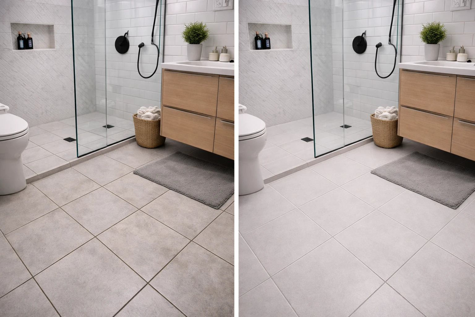 Shower walls and floor before and after